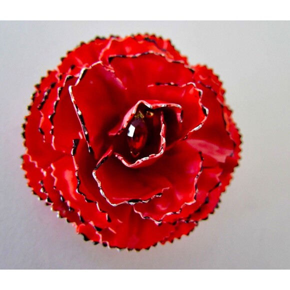 Lisner Red Flower Earrings Brooch Set Enamel Rhinestones Vintage 1950s/60's - Picture 2 of 9